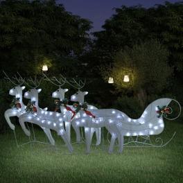 Reindeer and sleigh christmas decoration set of 4 white mesh, metal