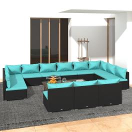 Garden lounge set black pe rattan, powder-coated steel, plastic