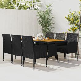Outdoor dining set black pe rattan, steel, solid acacia wood