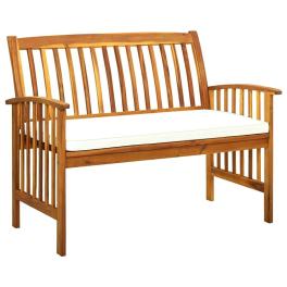 Garden bench cream white cushion, wood tone bench