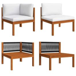 Garden lounge set cream white, black solid acacia wood, rope medium