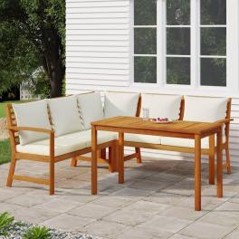 Patio dining set acacia wood with cream white cushions