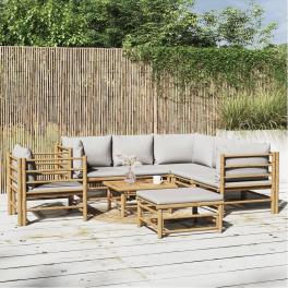 Garden lounge set light grey bamboo, polyester medium modular