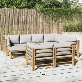 Garden lounge set light grey bamboo and polyester 10 piece set