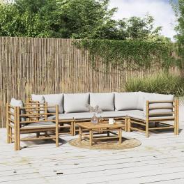 Garden lounge set natural bamboo, light grey cushions