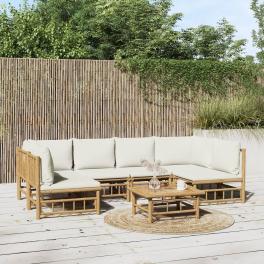 Garden lounge set cream white bamboo, polyester large modular