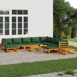Garden lounge set natural wood, green solid acacia wood, polyester