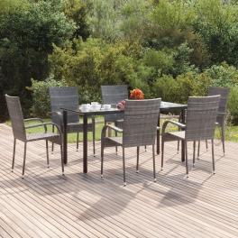 Garden dining set grey pe rattan, powder-coated steel, tempered glass