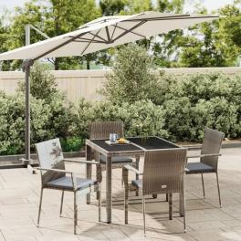 Garden dining set grey pe rattan, powder-coated steel, tempered glass
