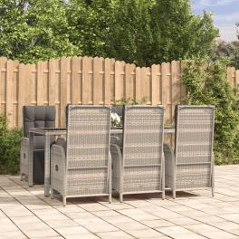Garden dining set gray pe rattan, powder-coated steel, tempered glass