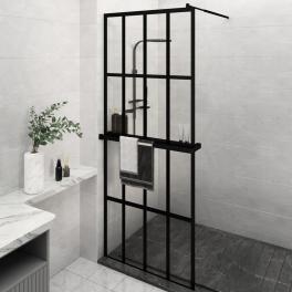 Walk-in shower wall with shelf black 31.5"x76.8" esg glass&aluminum