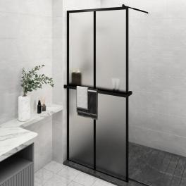 Walk-in shower wall with shelf black 35.4"x76.8" esg glass&aluminum