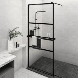 Walk-in shower wall with shelf black 35.4"x76.8" esg glass&aluminum