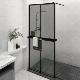 Walk-in shower wall with shelf black 35.4"x76.8" esg glass&aluminum