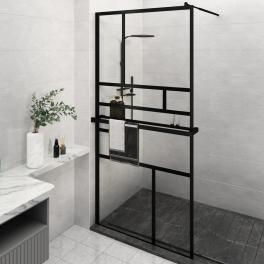 Walk-in shower wall with shelf black 45.3"x76.8" esg glass&aluminum