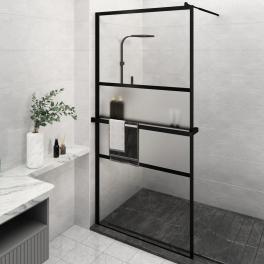 Walk-in shower wall with shelf black 45.3"x76.8" esg glass&aluminum