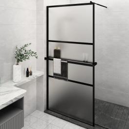 Walk-in shower wall with shelf black 45.3"x76.8" esg glass&aluminum