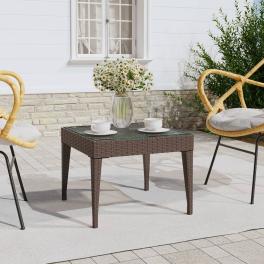 Side table brown poly rattan, tempered glass 19.7x19.7x15.0 in