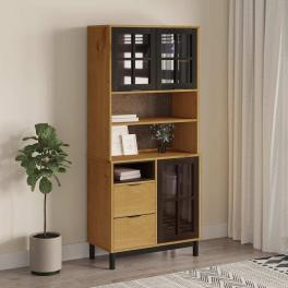 Highboard brown, black solid pine wood, tempered glass, plastic