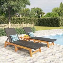 Sun lounger black and brown pe rattan, solid acacia wood, steel