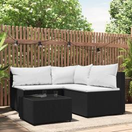 Patio lounge set black pe rattan, powder-coated steel, tempered glass
