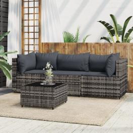 Patio lounge set gray pe rattan, powder-coated steel, tempered glass