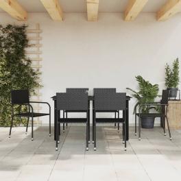 Garden dining set black poly rattan 7 piece stackable