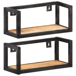 Wall shelf set of 2 natural wood and black rough mango wood, iron