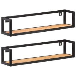 Wall shelf set of 2 black and natural wood solid acacia wood
