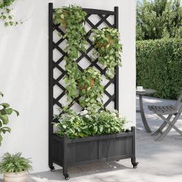 Planter black solid fir wood, iron large wheels/casters planter