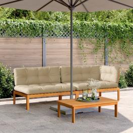 Pallet sofa set set of 3 beige cushion solid acacia wood medium