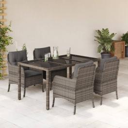 Garden dining set grey pe rattan, powder-coated steel, tempered glass