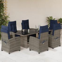 Garden dining set grey pe rattan 7 piece set adjustable footrests
