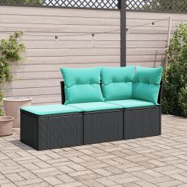 Garden sofa set black, blue pe rattan, powder-coated steel, polyester