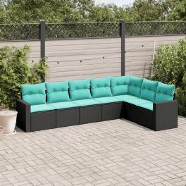 Garden sofa set black, blue poly rattan, powder-coated steel