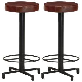 Bar stool set of 2 brown, black real leather, powder-coated iron