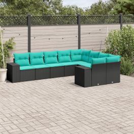 Patio sofa set black pe rattan, powder-coated steel, polyester