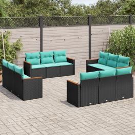 Patio sofa set black pe rattan, powder-coated steel, polyester fabric