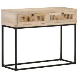 Console table bleached wood, natural cane, black steel