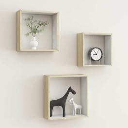 Wall cube shelf set of 3 white and sonoma oak mdf small to medium