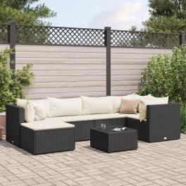 Patio lounge set black and cream white pe rattan 7 piece