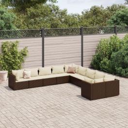 Patio sofa set set of 10 brown poly rattan, cream white cushions