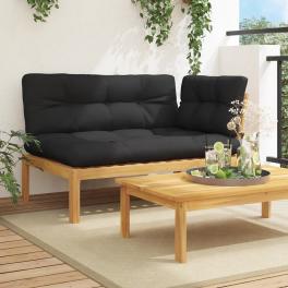 Patio sofa black and natural wood solid acacia wood, polyester fabric