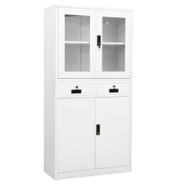 Office cabinet white steel and tempered glass 35.4 x 15.7 x 70.9 in