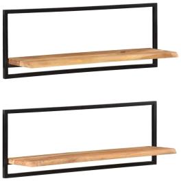 Wall shelf set of 2 natural wood and black