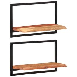 Wall shelf set of 2 natural wood, black solid acacia wood, steel