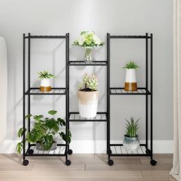 Flower stand black powder-coated iron tall rollable
