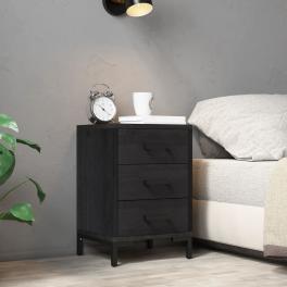 Bedside cabinet black solid pine wood, metal small