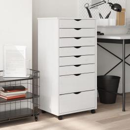 Rolling cabinet white solid pine wood, engineered wood, plastic