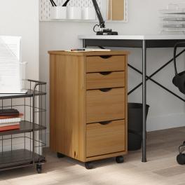 Rolling cabinet honey brown solid pine wood, engineered wood, plastic
